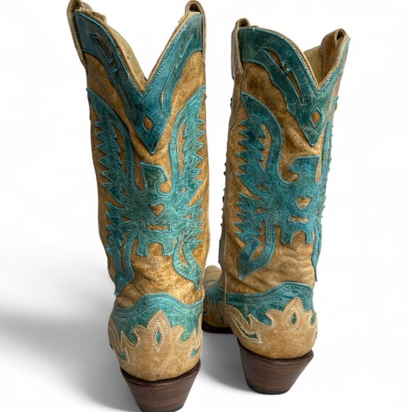 Corral Women's Leather Turquoise Tan Snip Toe Cowgirl Western Cowboy Boots 8 M - Picture 7 of 14